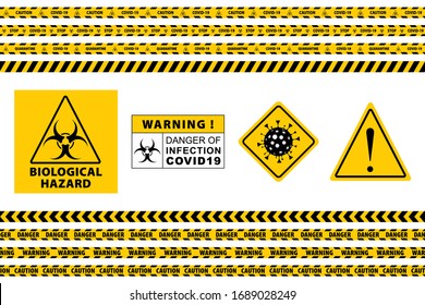 Stop Covid-19 Sign. Seamless Caution Warning Tape. Yellow And Black. Danger Tape. Yellow Attention Ribbon Set. Warning Signs. Caution Lines. Vector Illustration. Sign Stop Virus. Pandemic Stop Sign.
