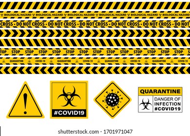 Detener el signo Covid-19. Cinta De Advertencia De Precaución Sin Precauciones. Amarillo Y Negro. Cinta de peligro. Juego de cintas de atención amarilla.  