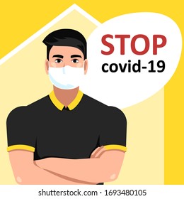 stop covid-19. stay at home awareness social media campaign and coronavirus prevention. man in mask stay at home/ vector illustration