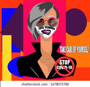 Beenden Sie COVID-19.Kümmere dich um dich! Glamour-Mädchen mit hellem Make-up, Sonnenbrille und medizinischer Maske. Geometrischer bunter Hintergrund. Vektorillustration.
