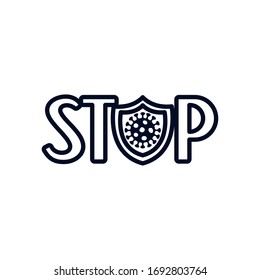 stop covid19 typography word with coronavirus symbol icon, over white background, line style, vector illustration