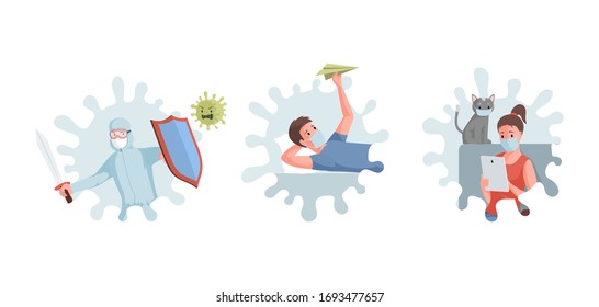 Stop Covid-19 vector flat illustration. People in face masks staying and working at home, medical worker in protective suit fighting coronavirus with knight shield and sword.