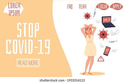 Stop Covid-19 virus concept of web banner with young woman in panic from epidemic hazard, flat vector illustration. Self protection and safety in pandemic.