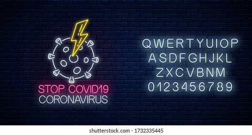 Detener el signo de neón del virus COVID-19 con coronavirus y símbolo de relámpago al estilo neón. Icono de parada del brote de coronavirus con alfabeto. Ilustración vectorial. Diseño de alerta de pandemia en el mundo brillante