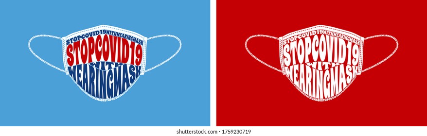 STOP Covid-19 with wearing mask text wrap vector illustration, isolated on red, blue, and white color scheme.