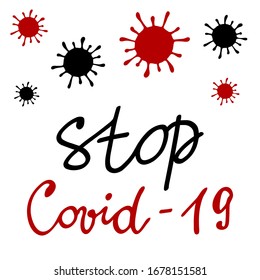 Stop Covid-19, modelo de estandarte de prevención de infecciones con letras escritas a mano. La pandemia mundial de la enfermedad del coronavirus en 2019. Ilustración vectorial colorida aislada en el fondo blanco.