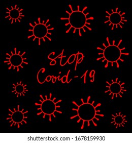 Stop Covid-19, modelo de estandarte de prevención de infecciones con letras escritas a mano. La pandemia mundial de la enfermedad del coronavirus en 2019. Ilustración vectorial colorida aislada en el fondo negro.