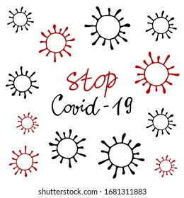 Stop Covid-19, modelo de estandarte de prevención de infecciones con letras escritas a mano. La pandemia mundial de la enfermedad del coronavirus en 2019. Ilustración vectorial colorida aislada en el fondo blanco.