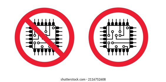 stop CPU con pictogram. Central Processing Unit. No ban vector symbol. Circuit board or electronic motherboard. lines and dots connect. digital tech. cpu, pcb printed circuit. Cyber crime