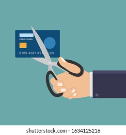 Stop credit, hand hold scissors and cut credit card, flat design vector illustration