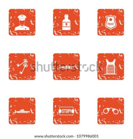 Stop crime icons set. Grunge set of 9 stop crime vector icons for web isolated on white background