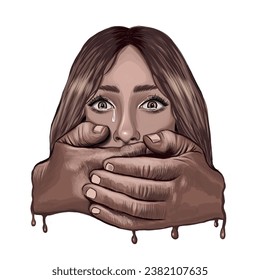 Stop crime violence abuse on women from men -man covers woman's mouth with his hands. Hand drawing illustration.