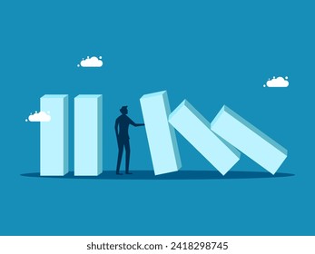 Stop the crisis. Confident man interrupts the impact of falling dominoes
