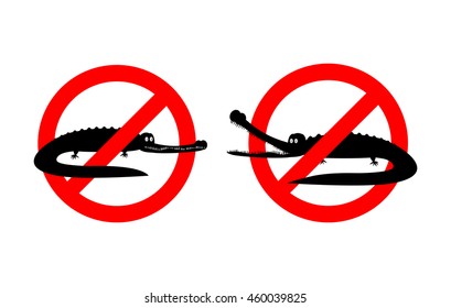 Stop crocodile. Prohibited alligator. Strikethrough caiman. Emblem against predator reptile. Red prohibition sign. Ban wild aggressive amphibian