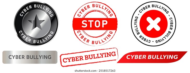 Stop cyber bullying bad behavior social media problem issue internet harassment stamp badge sticker mark design set collection