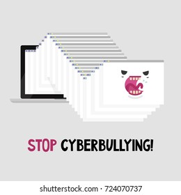 Stop cyberbullying! Conceptual illustration. Scary monster made of the cascade of internet browser windows / editable flat vector illustration