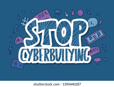 Stop cyberbullying message with design elements. Vector text about internet hate. 