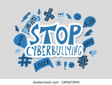 Stop cyberbullying message with design elements. Sticker emblem. Vector illustration. 
