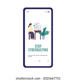 Stop cyberbullying onboarding screen template, flat cartoon vector illustration. Mobile app interface with cartoon character of victim of cyberbullying.