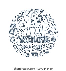 Stop cyberbullying round concept. Message with design elements. Vector sketch illustraion. 