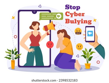 Stop Cyberbullying Vector Illustration of Haters Online with Bullying Internet, Trolling and Hate Speech in Flat Cartoon Background Design