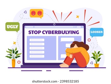 Stop Cyberbullying Vector Illustration of Haters Online with Bullying Internet, Trolling and Hate Speech in Flat Cartoon Background Design