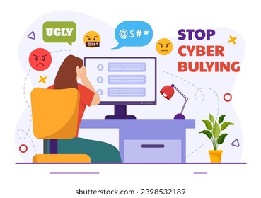Stop Cyberbullying Vector Illustration of Haters Online with Bullying Internet, Trolling and Hate Speech in Flat Cartoon Background Design