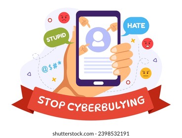 Stop Cyberbullying Vector Illustration of Haters Online with Bullying Internet, Trolling and Hate Speech in Flat Cartoon Background Design