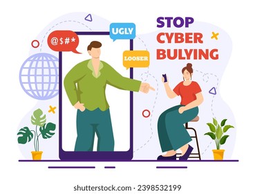 Stop Cyberbullying Vector Illustration of Haters Online with Bullying Internet, Trolling and Hate Speech in Flat Cartoon Background Design