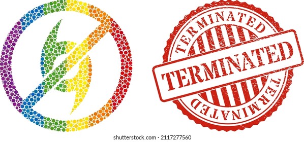 Stop cyclone collage icon of round dots in variable sizes and spectrum colored color tones. Red round distress seal with Terminated message. A dotted LGBT- colored stop cyclone for lesbians, gays,