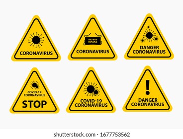 Stop Danger Coronavirus Concept. Coronavirus Cell Icon on yellow background, 2019-nCoV. Warning symbol of COVID-19, MERS-Cov, Novel coronavirus (2019-nCoV). Vector icon set isolated on white
