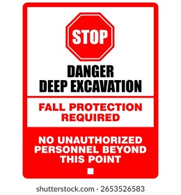 Stop, Danger Deep Excavation, fall protection required, sign vector