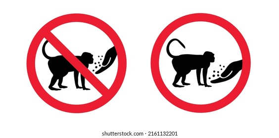 Stop, ddo not feed or touch, pet. No Hand feeds. For monkeypox or monkey pox infection, viral disease pictogram or logo. Infectious virus outbreak pandemic. Disease spread, symptoms or precautions.