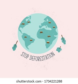 Stop deforestation concept design with globe and cutted trees. Vector illustration