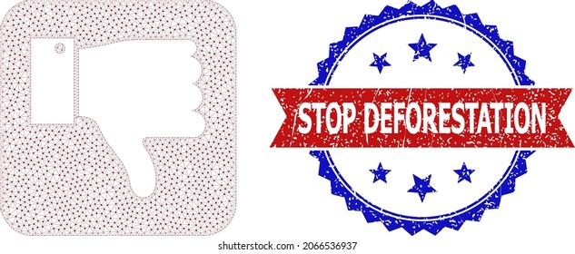 Detener la deforestación de foca corroída y la estructura de malla de iconos negativa. El sello rojo y azul bicolor tiene la leyenda Stop Deforestation dentro de cinta y rosette. Resumen del pulgar de malla plana negativo,
