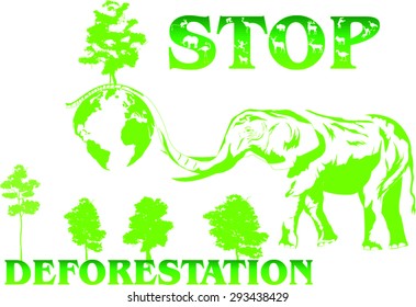 Stop deforestation envirnmental issue illustration: elephant with earth globe