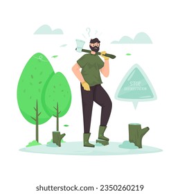 Stop deforestation, illegal chopping trees illustration