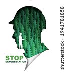 Stop deforestation poster, banner template. Green fir trees inside of man head silhouette, vector illustration in paper art style. Save forest, protect nature, save planet Earth. Ecology problem.