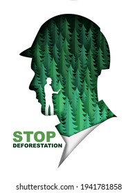 Stop deforestation poster, banner template. Green fir trees inside of man head silhouette, vector illustration in paper art style. Save forest, protect nature, save planet Earth. Ecology problem.