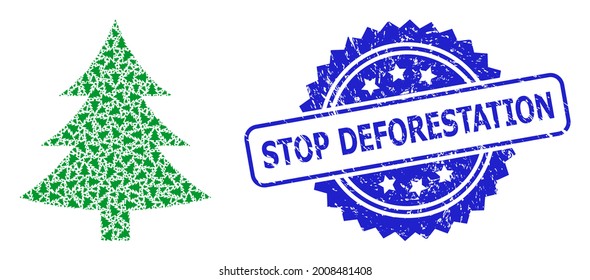 Detener la deforestación texturizada sello de sellado y árbol de abeto fractal vector. El sello azul incluye el título Detener la deforestación dentro de la roseta.