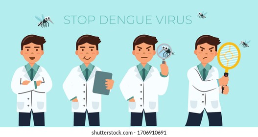 Stop Dengue Virus Banner With Doctors Isolated On Blue Background : Vector Illustration