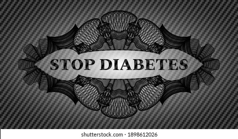 STOP DIABETES text inside Linear carbon fiber dark emblem. Polymer texture handsome background. Vector illustration. 