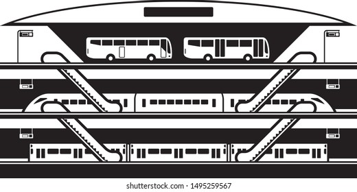 Stop at different levels of buses trains and subways - vector illustration