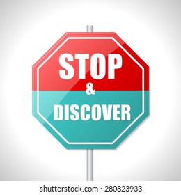 Stop and discover bicolor traffic sign on white 