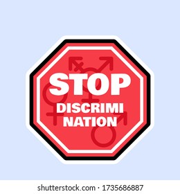 Stop discrimination and protect human rights sign. Badge flat vector illustration. Sexual harassment prevention, feminism equality and lgbt rights concept