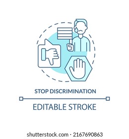 Stop discrimination turquoise concept icon. Unjust treatment. Dealing with lgbt issue abstract idea thin line illustration. Isolated outline drawing. Editable stroke. Arial, Myriad Pro-Bold fonts used