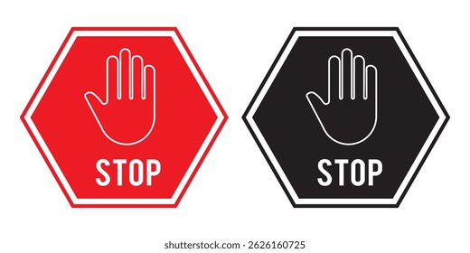 Detener, no cruzar, prohibir, prohibido y alerta conjunto de iconos. Señal de parada de color rojo aislado. Vectores detener la Ilustración vectorial de signo de la mano. EPS 10