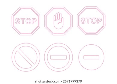 Detener, no cruzar, prohibir, prohibido y alerta conjunto de iconos. Señal de parada de color rojo aislado. Vectores detener la Ilustración vectorial de signo de la mano.