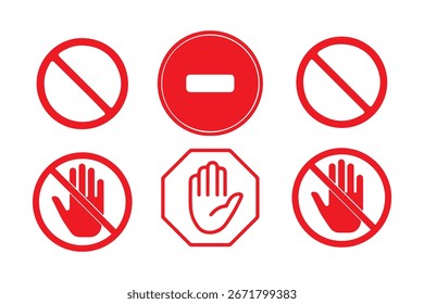 Detener, no cruzar, prohibir, prohibido y alerta conjunto de iconos. Señal de parada de color rojo aislado. Vectores detener la Ilustración vectorial de signo de la mano.