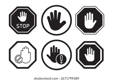 Detener, no cruzar, prohibir, prohibido y alerta conjunto de iconos. Señal de parada de color rojo aislado. Vectores detener la Ilustración vectorial de signo de la mano.